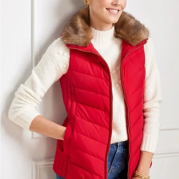 Talbots Faux Fur Collar Down Puffer Vest in Red Pop SZ SM - Picture 2 of 8